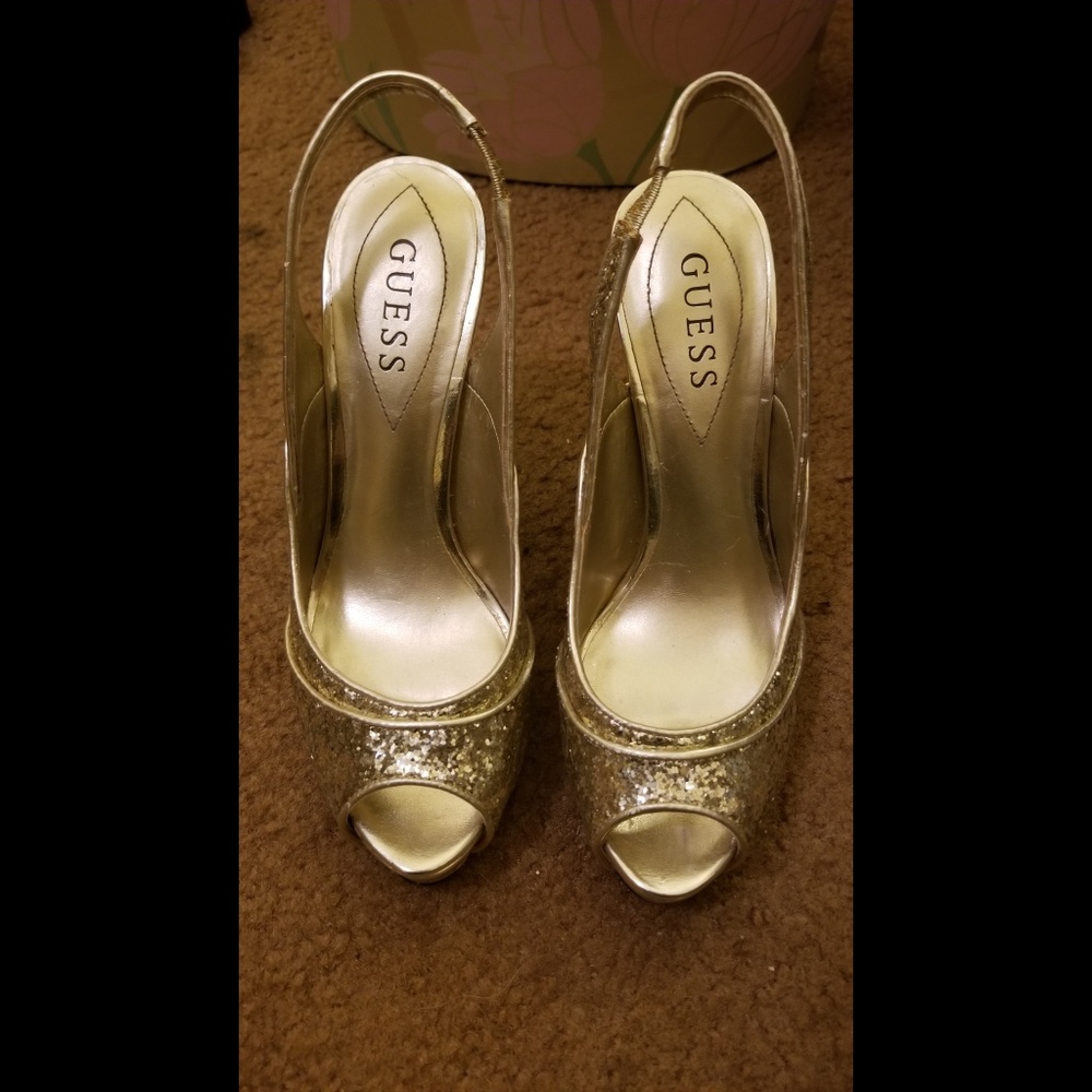 Guess Gold Glitter Slingback Sandal Heels